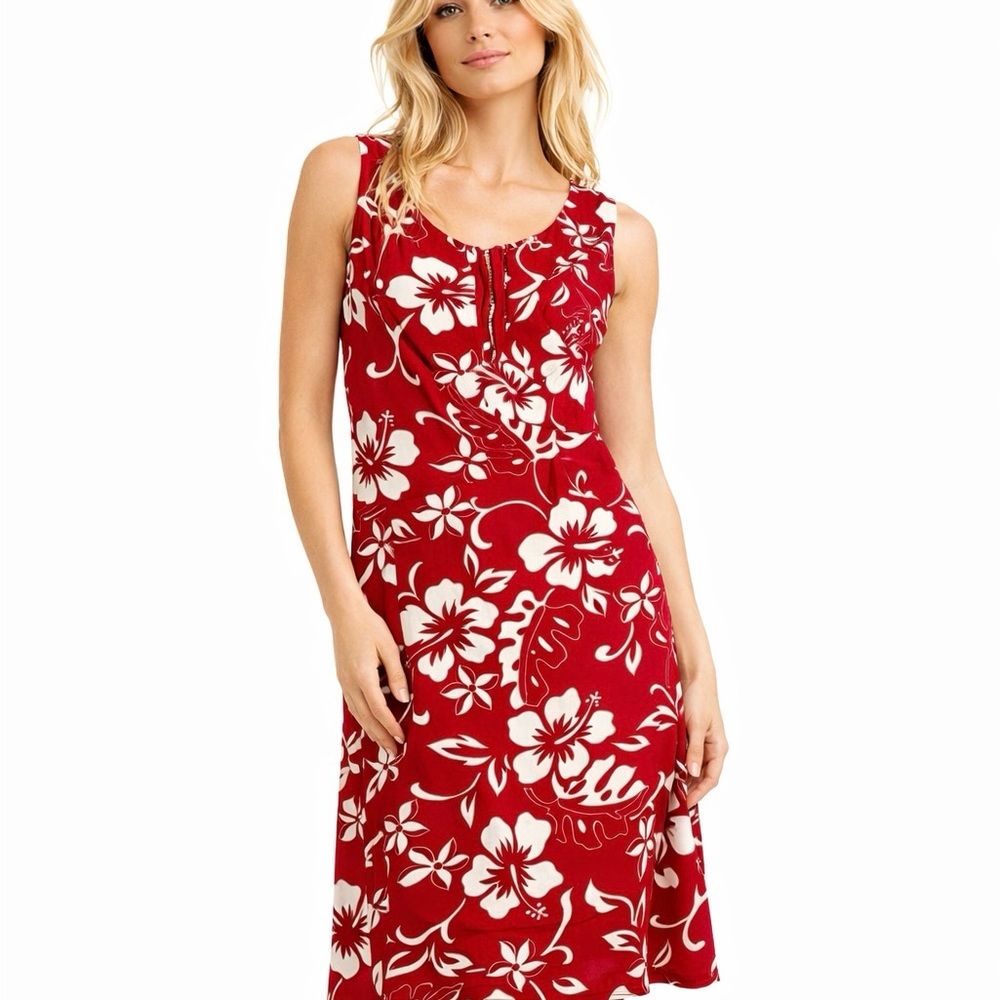 Hilo Hattie Red Hibiscus Floral Hawaiian Midi Tank Dress Size 2 Beach Summer